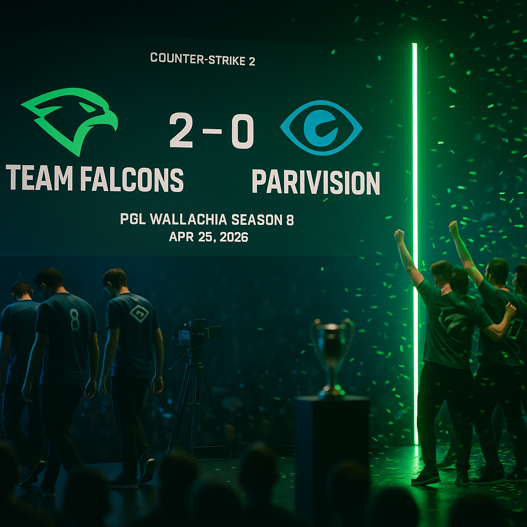 Photorealistic CS2 arena with a scoreboard reading Team Falcons 2 — PARIVISION 0 at